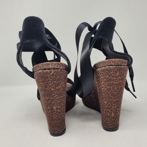 Stuart Weitzman Sandals Womens 9 Cheetah Print Wedge Platform Velvet Ankle Ties - Picture 4 of 10